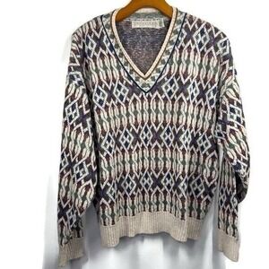 Vintage Crossings Fine Line   Grandpa V-neck Chunky Patterned Sweater Size Large